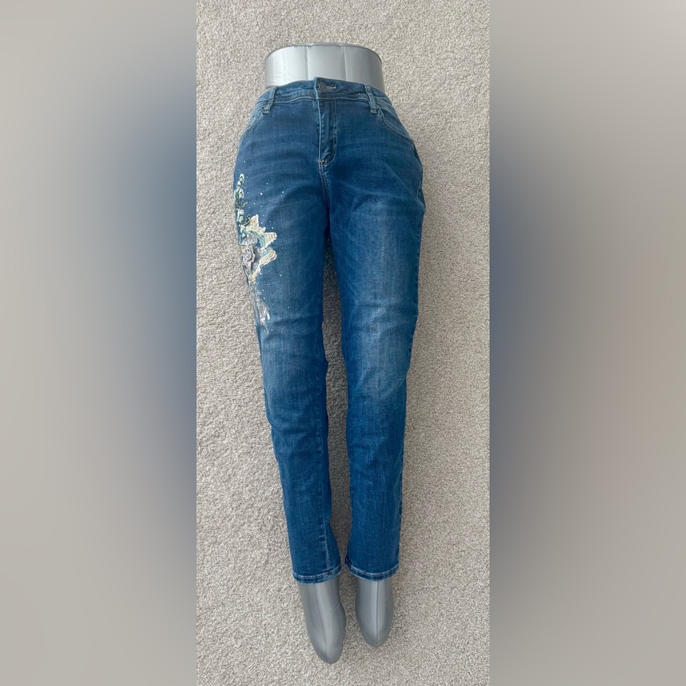 bebe Blue Floral Embroidered Jeans